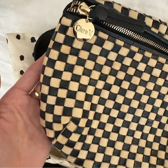 CLARE V black and cream woven checker fanny pack - Picture 2 of 9